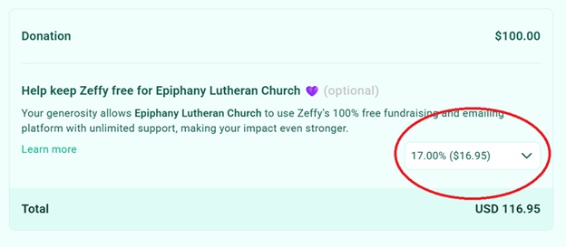 Showing the optional tip amount on the gift form.